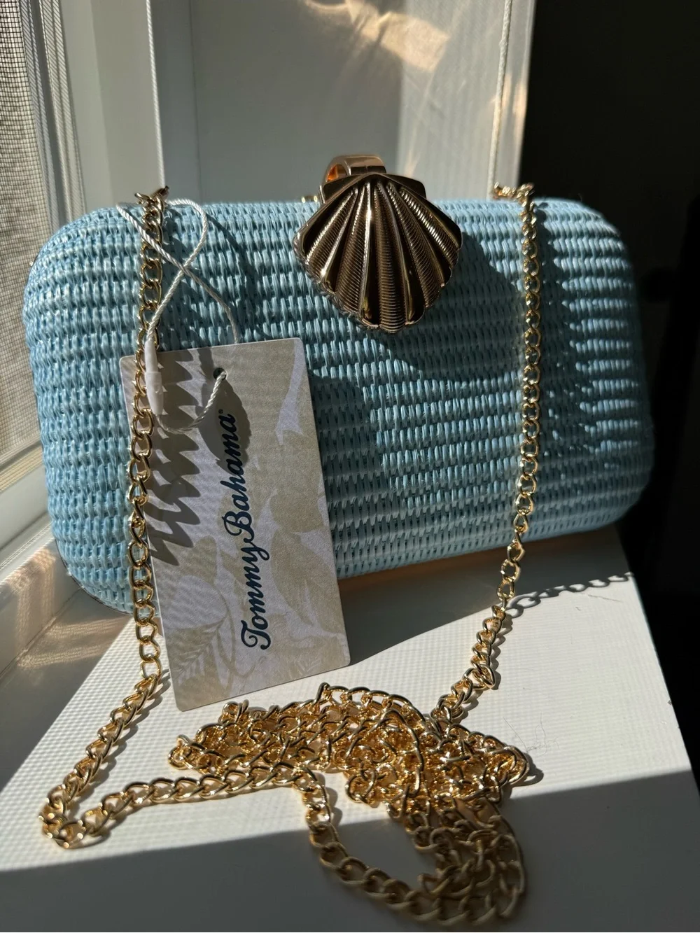 Tommy Bahama Sky Blue Woven Clutch with Gold Shell Clasp